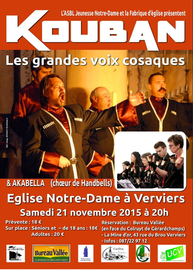 Affiche. Verviers. Les grandes voix cosaques  « Kouban » et Akabella (cœur de handbells). 01. 2015-11-21